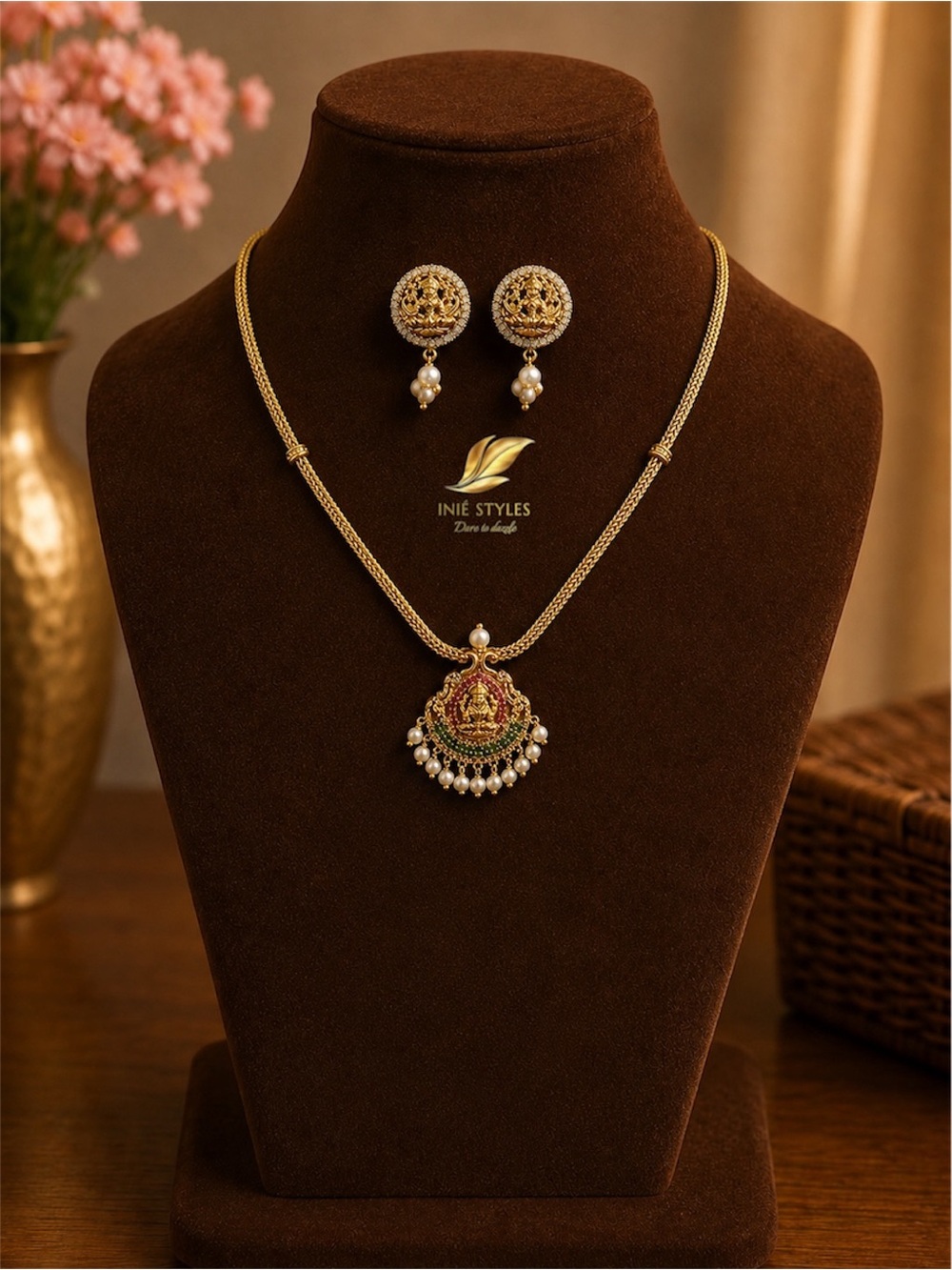 Gold-Tone Temple Pendant Necklace with Red & Green Accents
